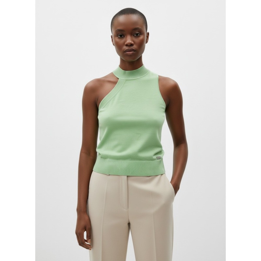 DKNY Women's Ribbed Asymmetrical Mock Neck Sleeveless Sweater in Mint Green